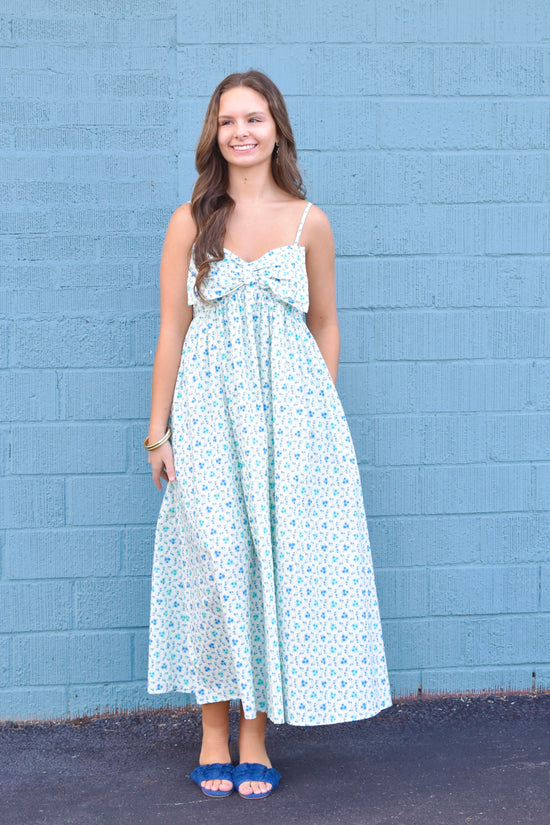 Blue Ditsy Floral Bow Maxi Dress