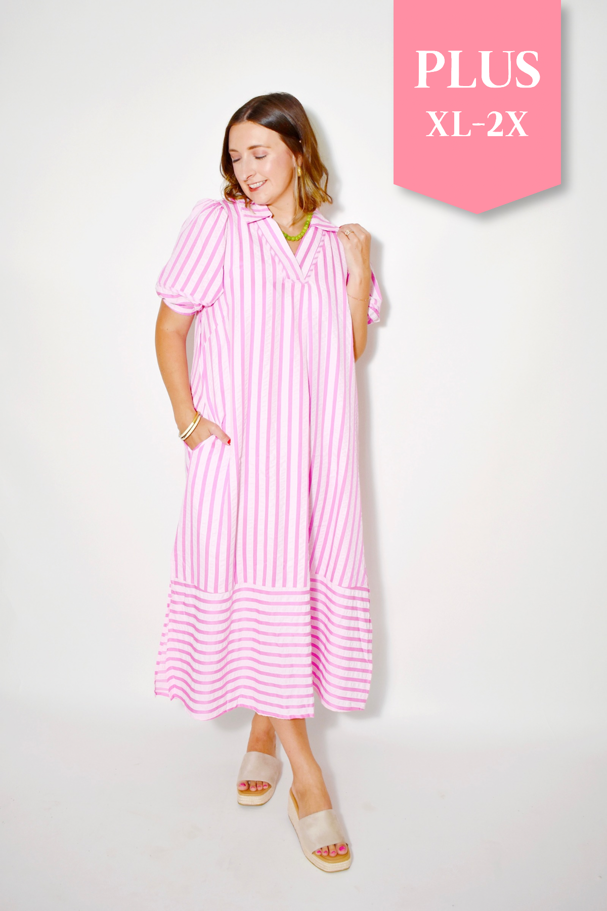 Plus Peony Pink Striped Collared Midi Dress