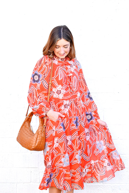 Autumn Orange Floral Midi Dress