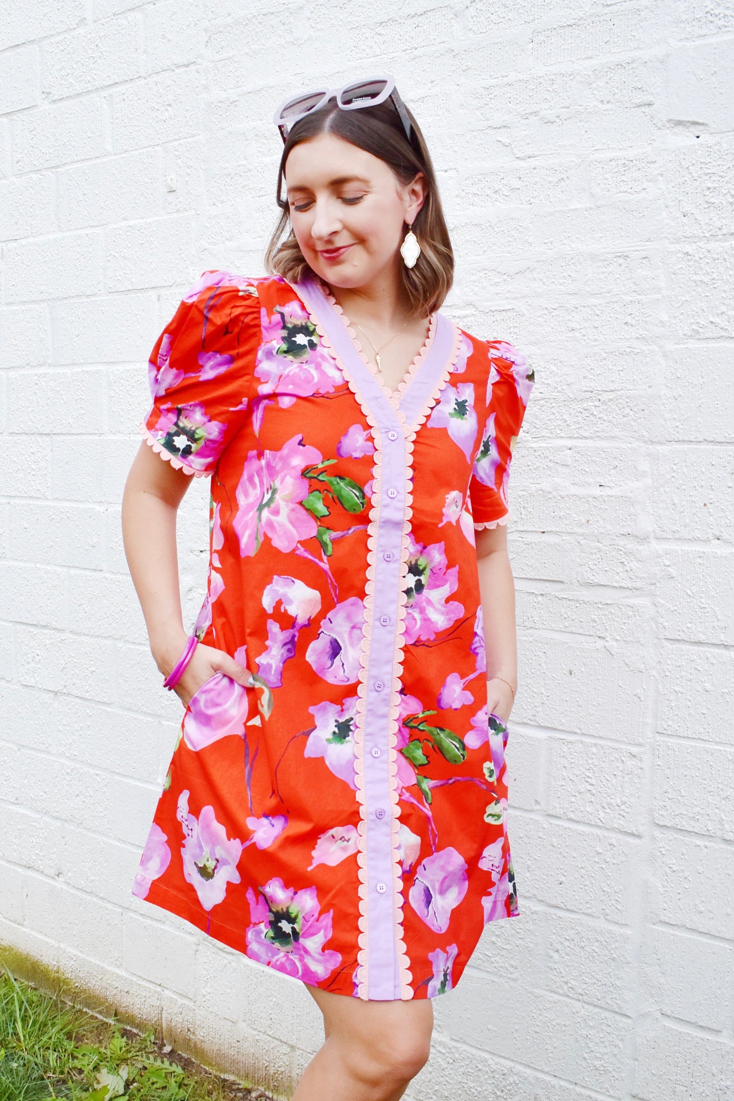 Red Floral Scallop Edge Button Down Shift Dress