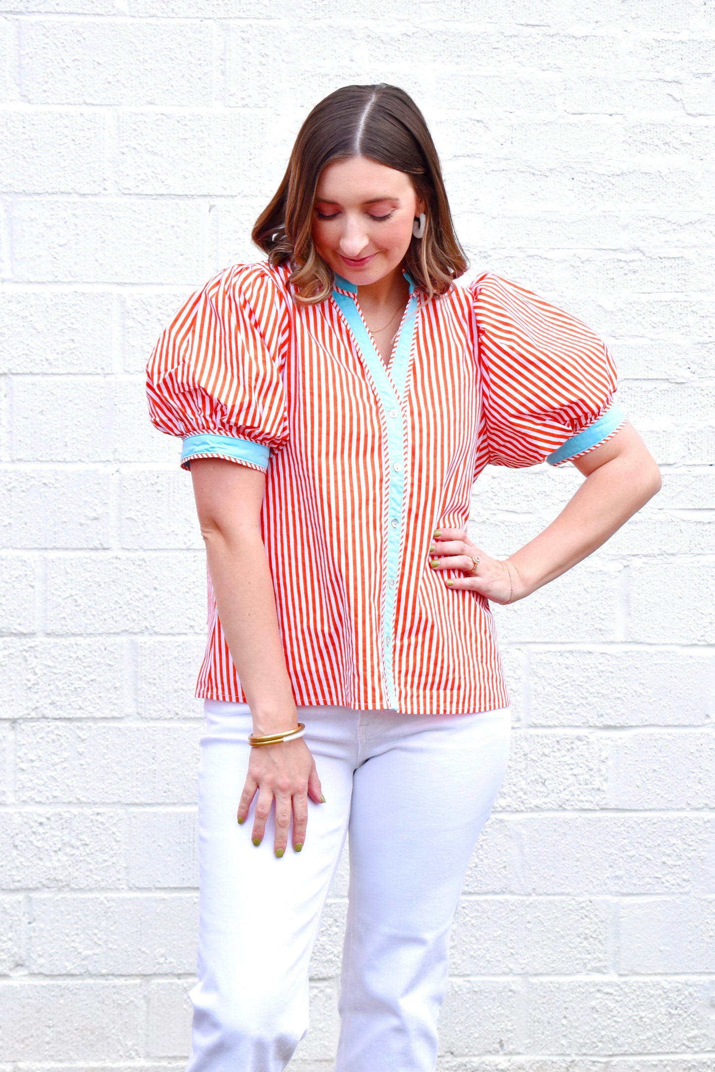 Orange Stripe & Blue Contrast Button Top