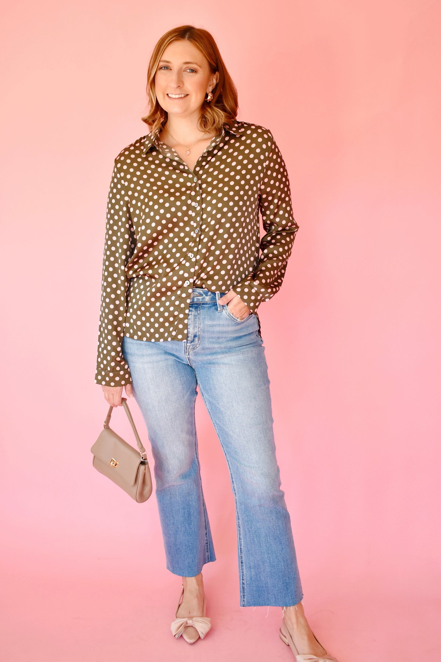 Olive Pink Polka Dot Button Down Blouse