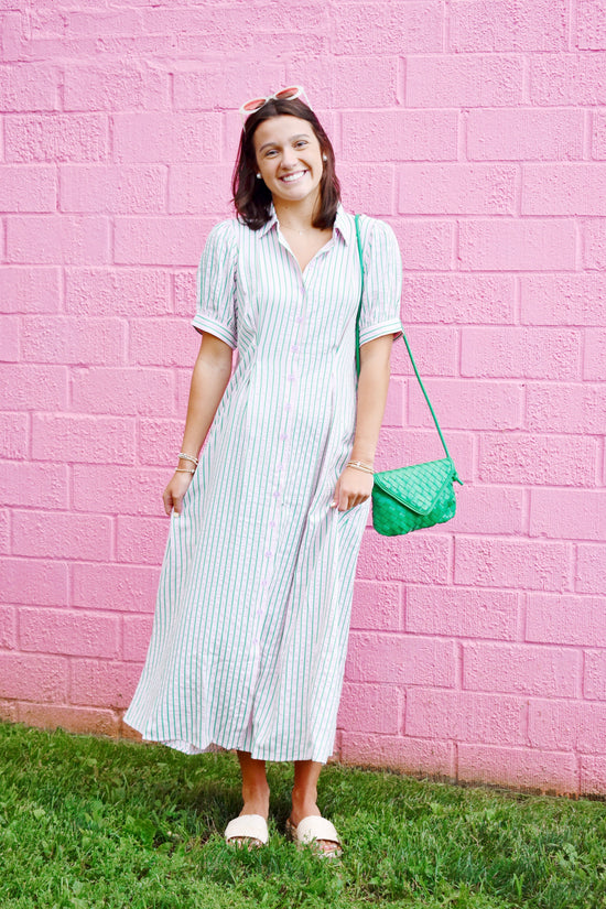Pink & Green Seersucker Button Down Midi Dress Confetti Boutique Pink & Green Seersucker Button Down Midi Dress Confetti Boutique