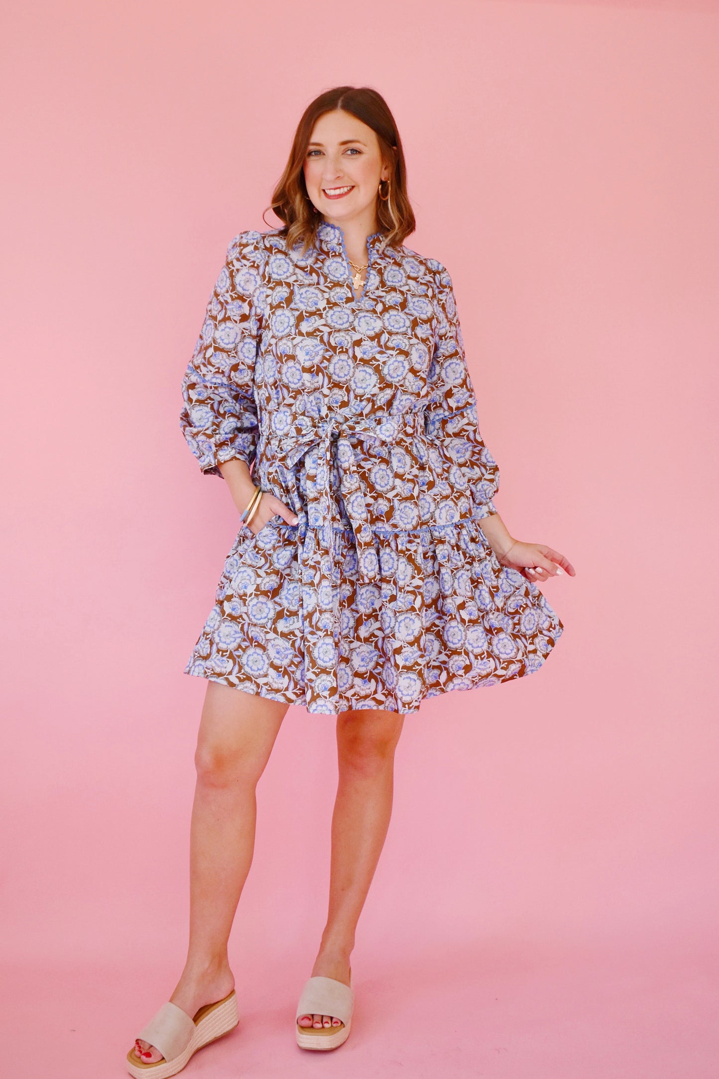 Brown Blue Floral Tie Belt Dress