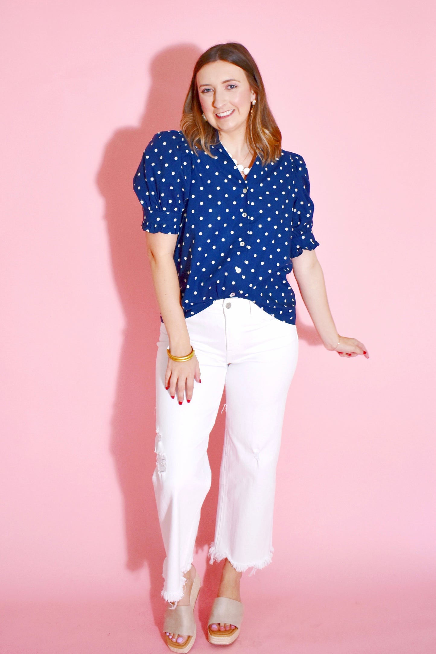 Navy Polka Dot Button Down Blouse
