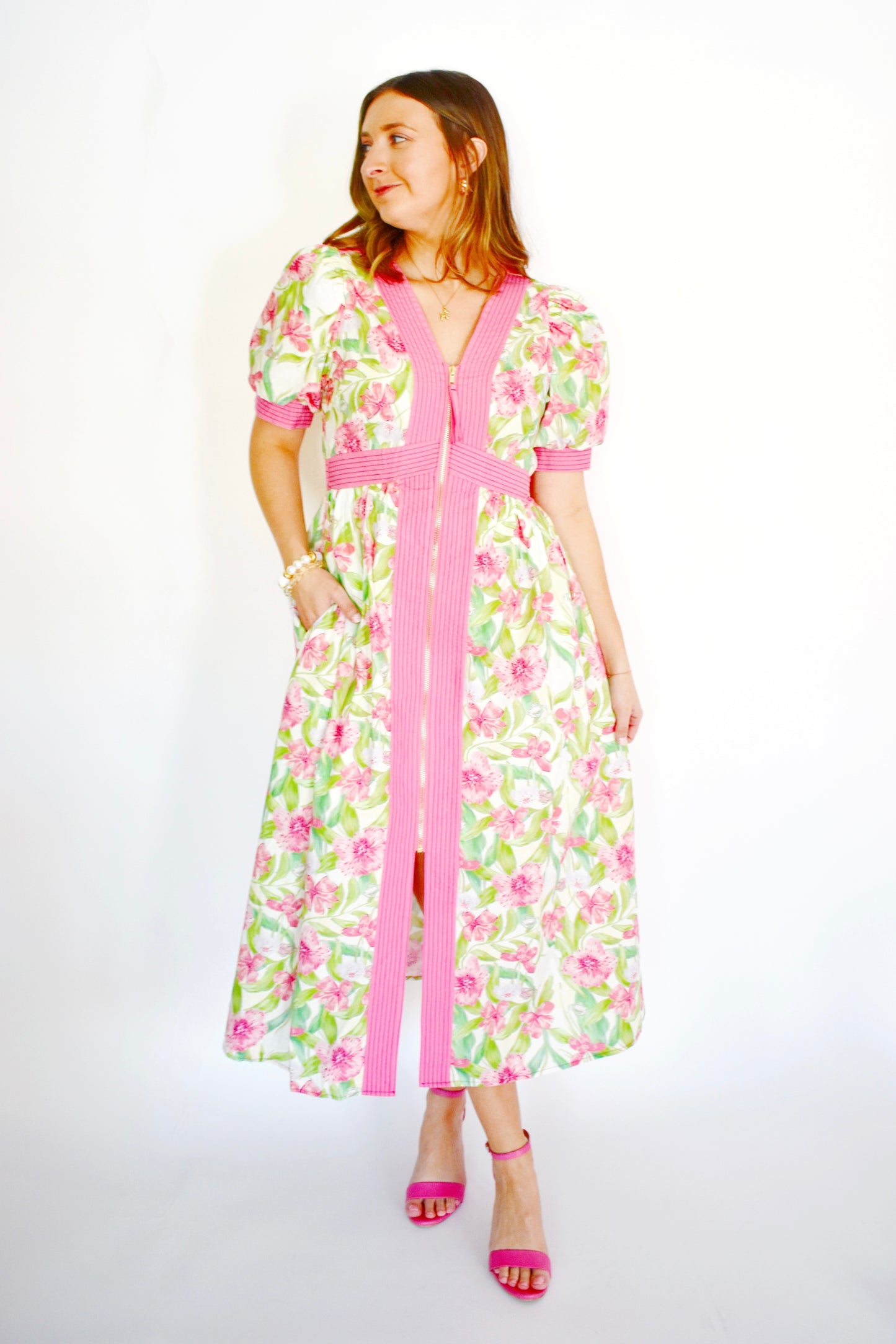 Pink Green Floral Zip Up Midi Dress