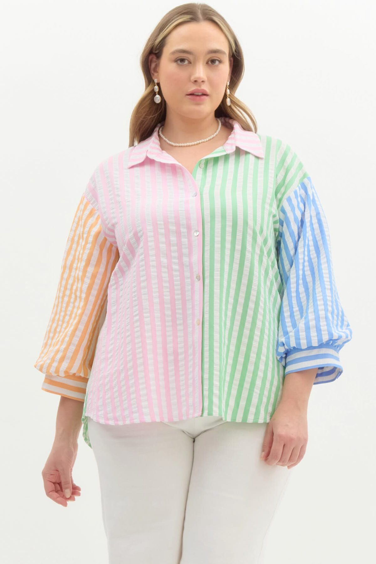 Plus Color Block Seersucker Stripe Button Down Top