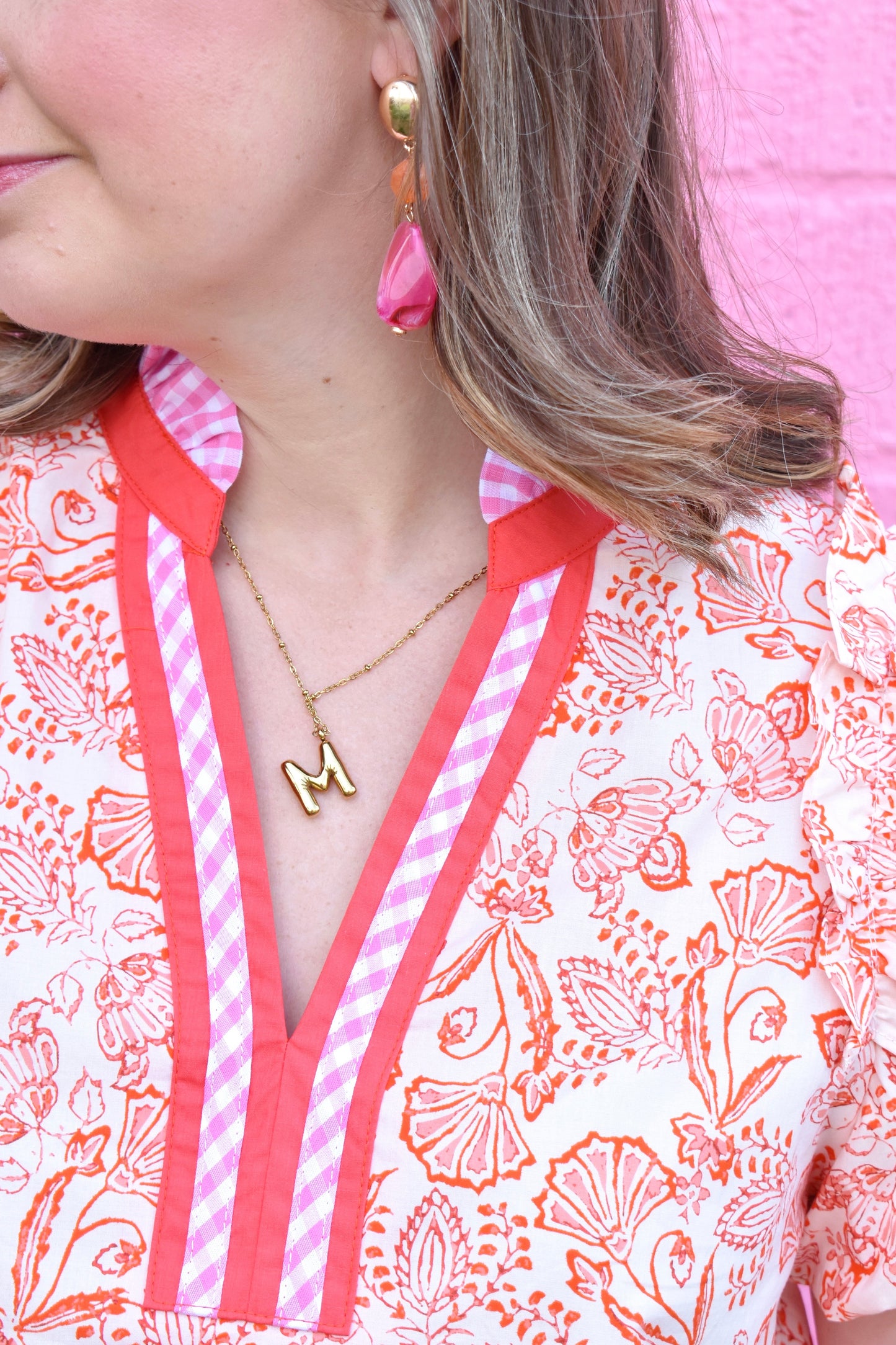 Orange Floral Pink Gingham Collar Blouse