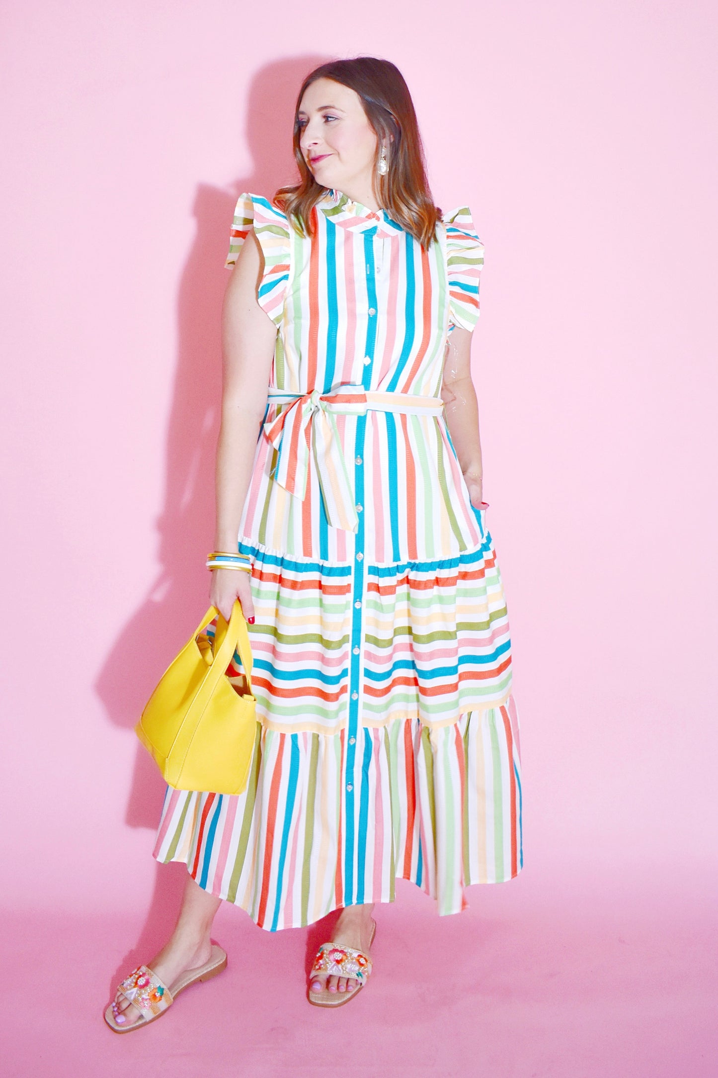 Mint Jade Stripe Button Down Tie Waist Dress