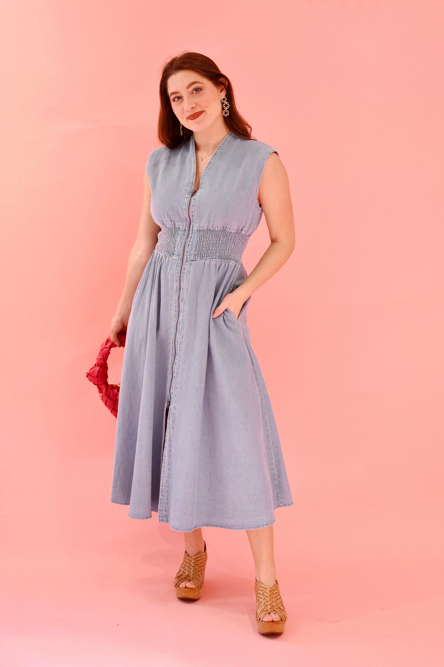 Denim Zip Up Midi Dress