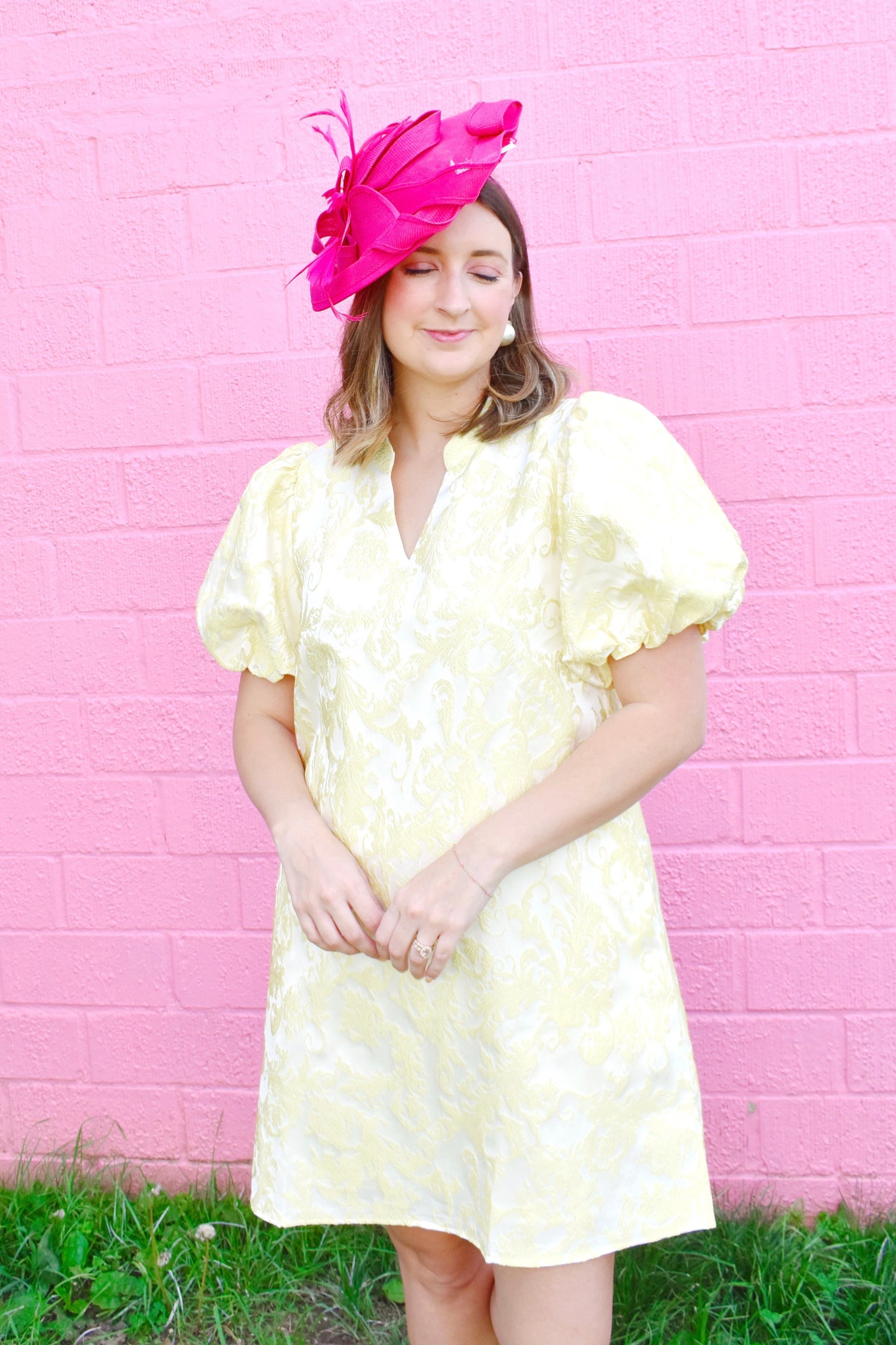 Yellow Jacquard Puff Sleeve Dress