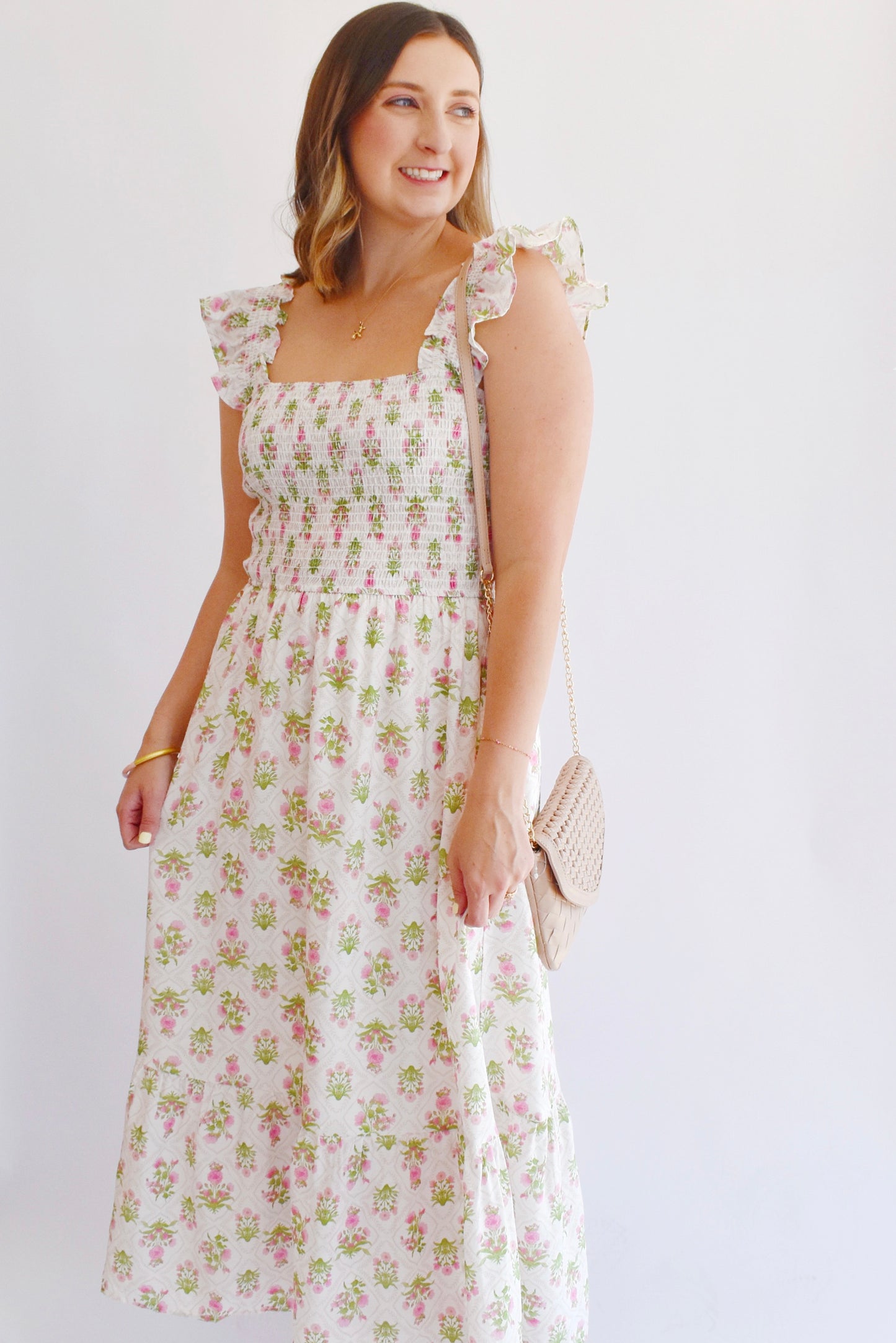 Pink Fem Floral Smocked Midi Dress
