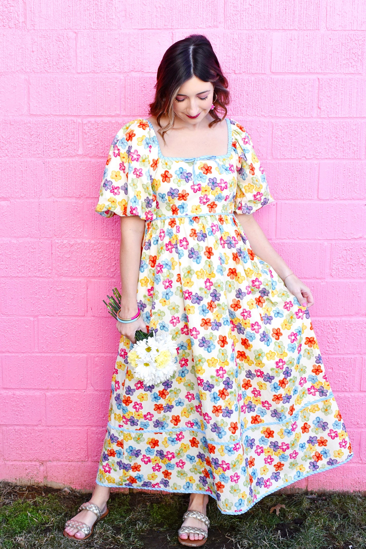 Colorful Floral Blue Trim Midi Dress