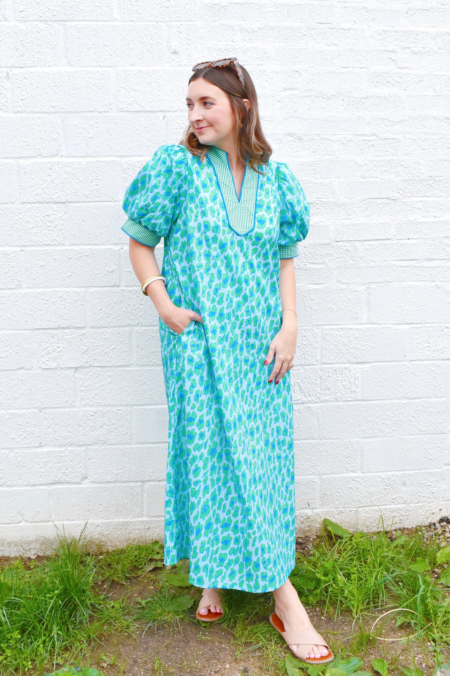 Green & Blue Leopard Spot Gingham Contrast Midi Dress