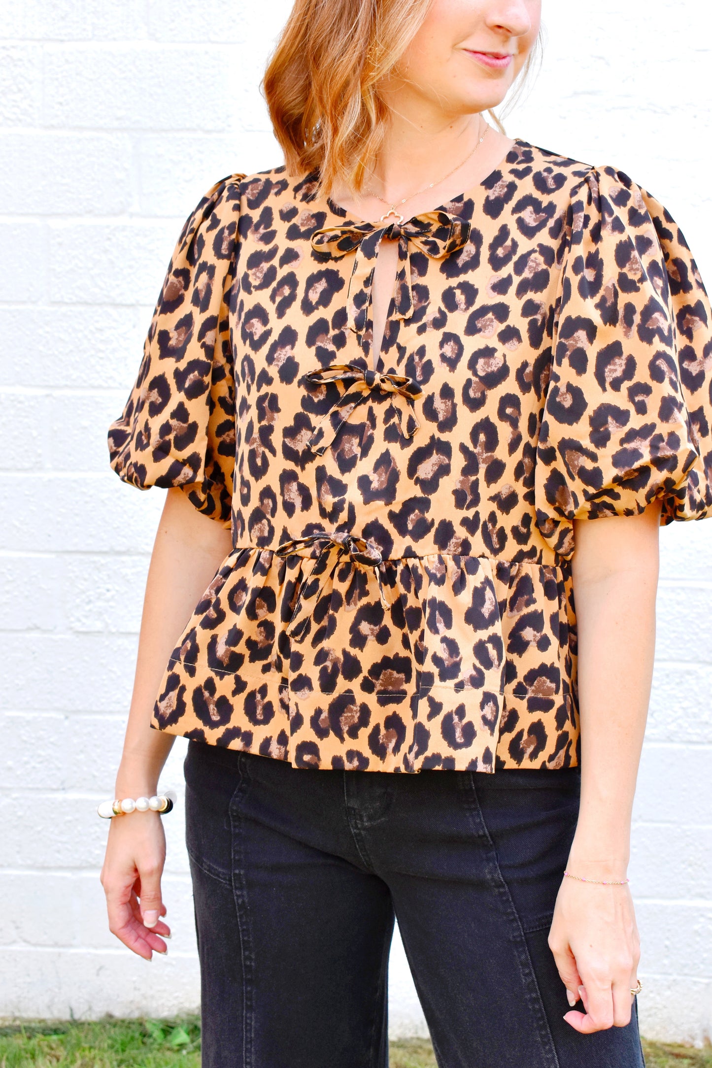 Leopard Print Bow Front Blouse