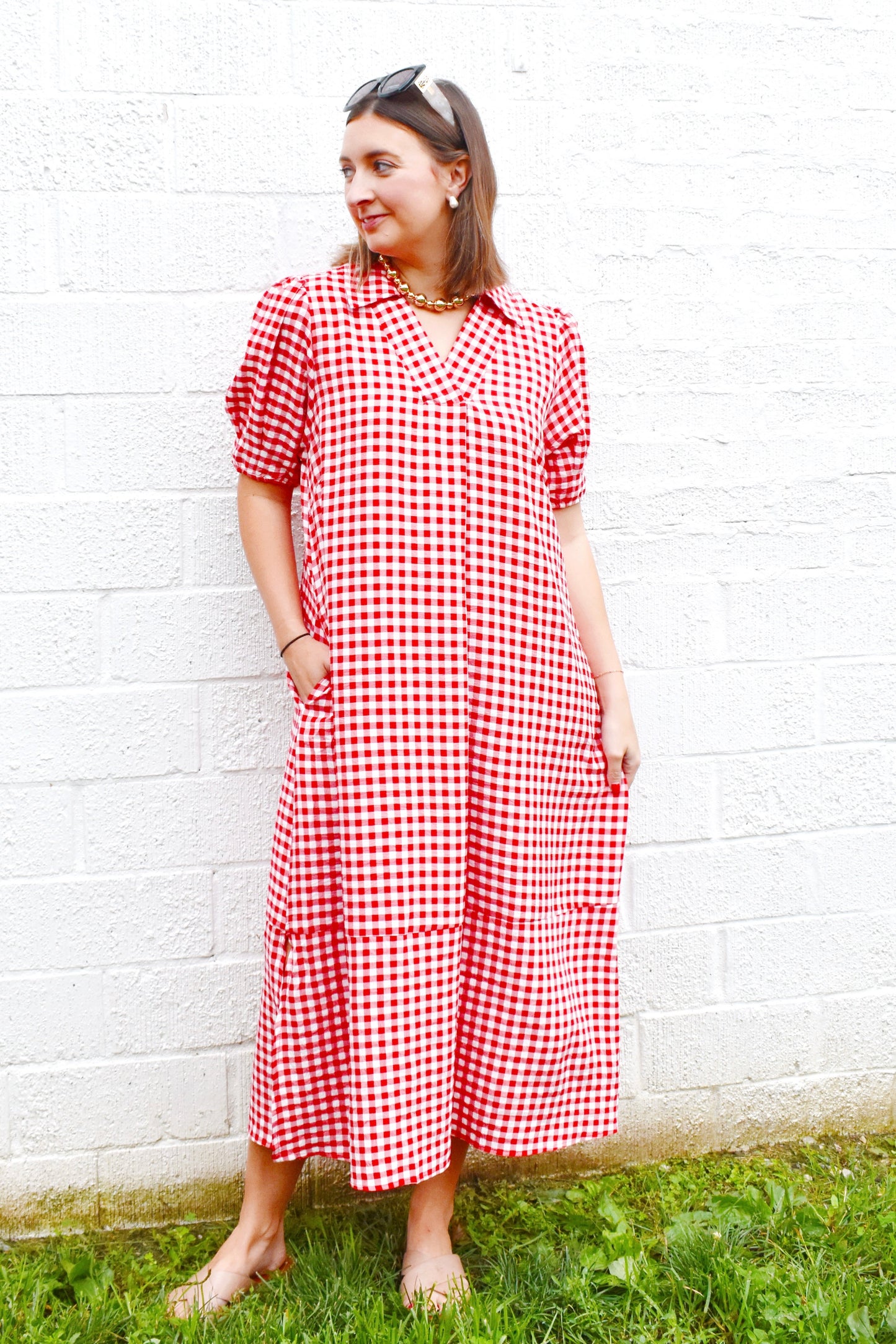 Red Gingham Collared Midi Dress