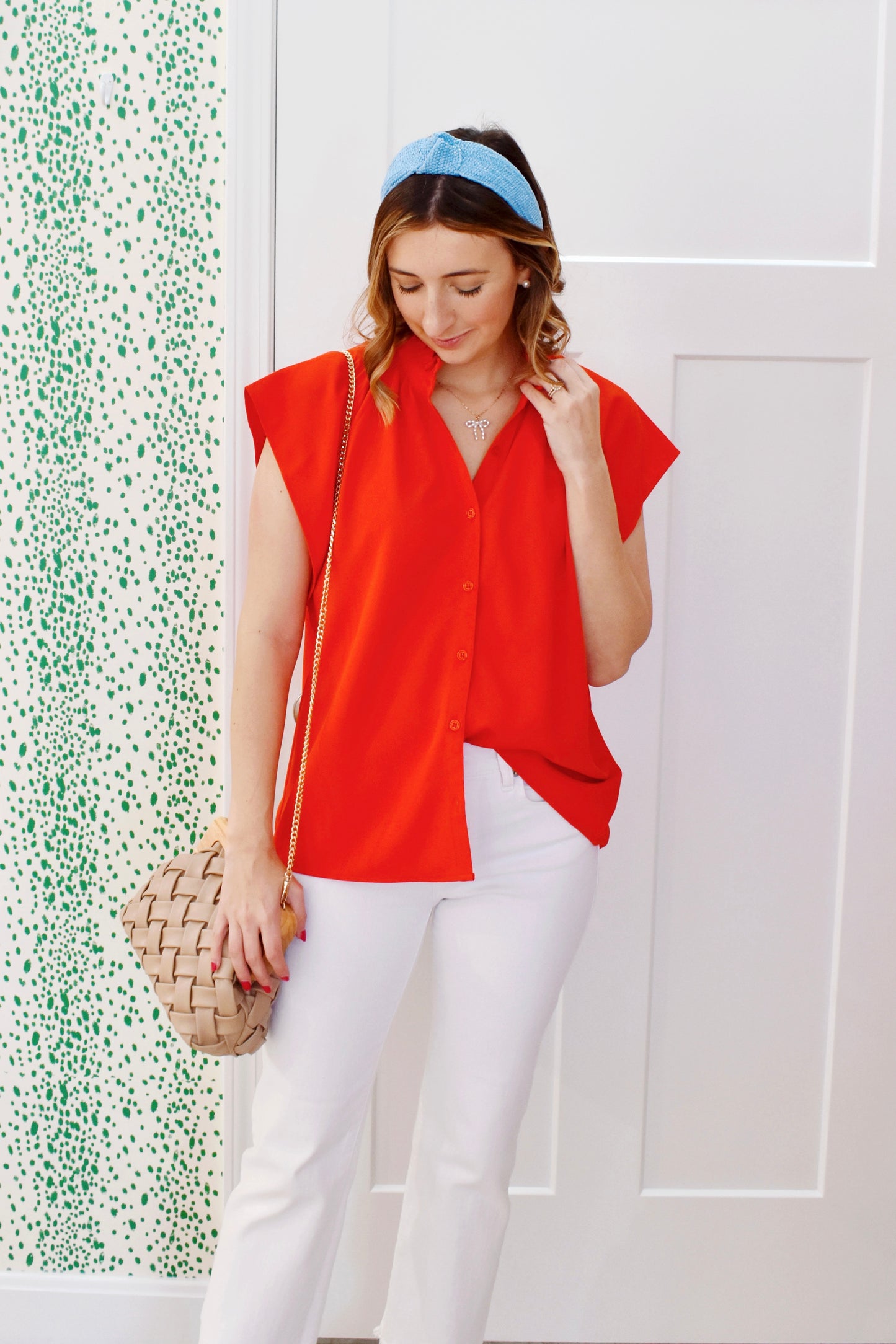 Red Frill Neck Button Down Top