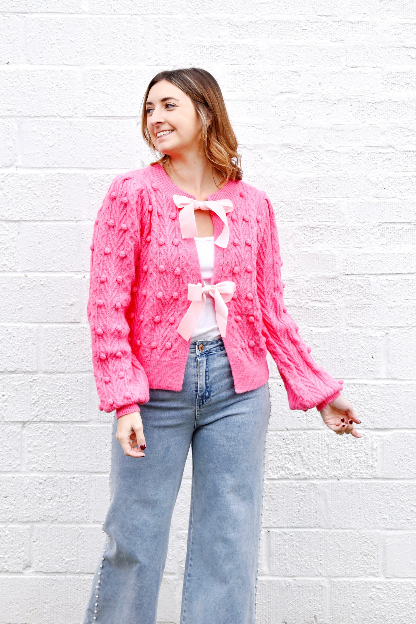 Bright Pink Velvet Bow Cardigan Sweater