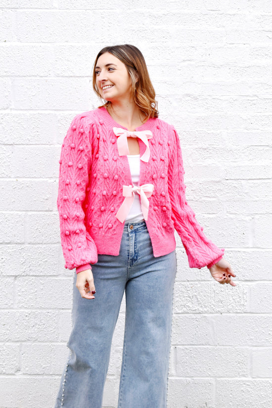 Bright Pink Velvet Bow Cardigan Sweater