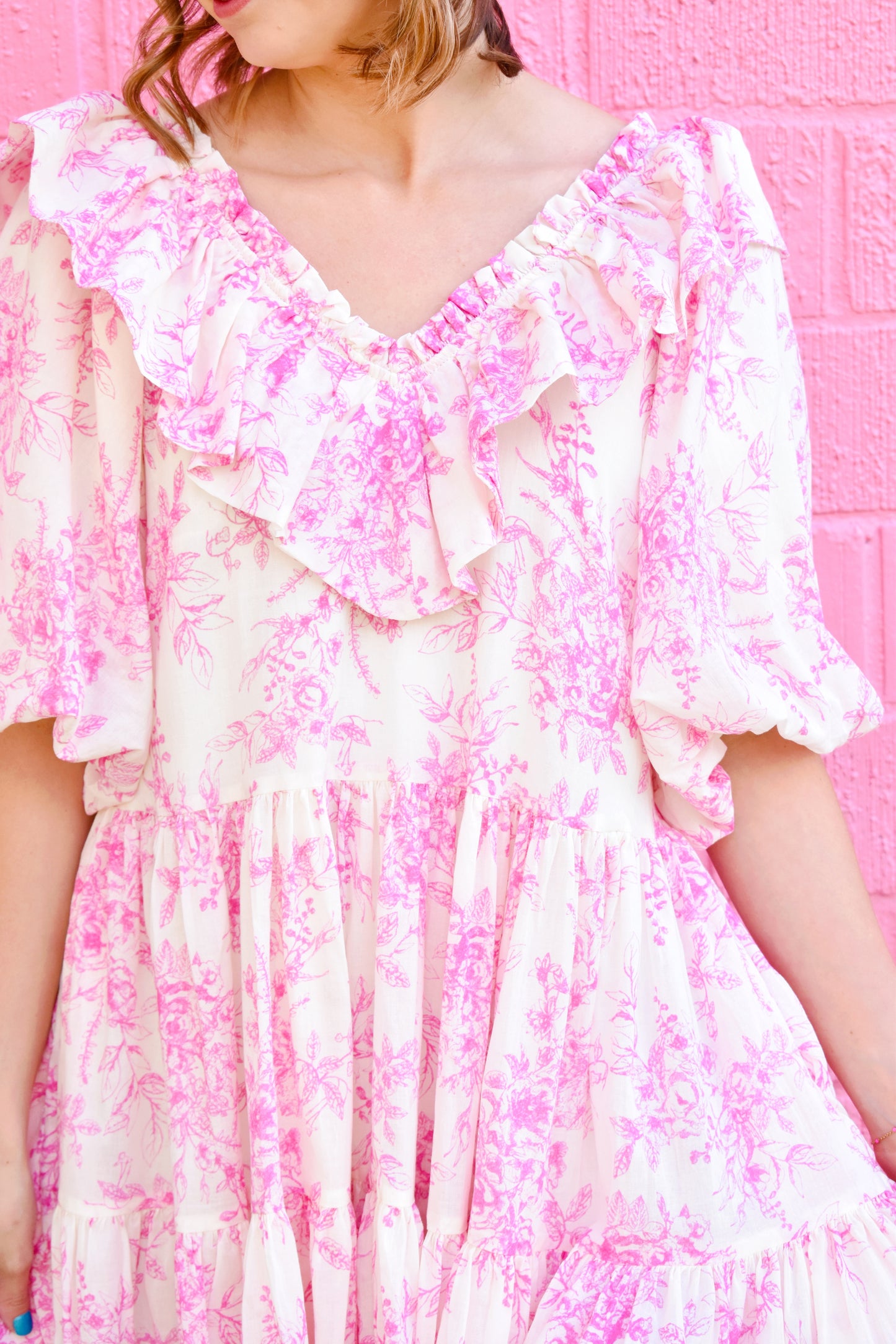 Feminine Pink Toile Ruffle Dress
