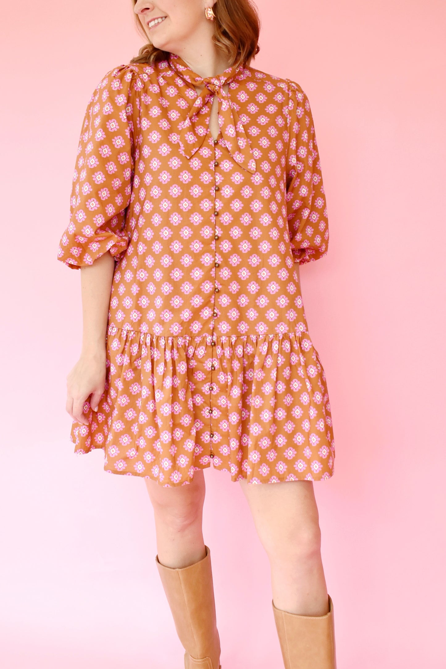 Camel Pink Floral Tie Neck Drop Waist Dress