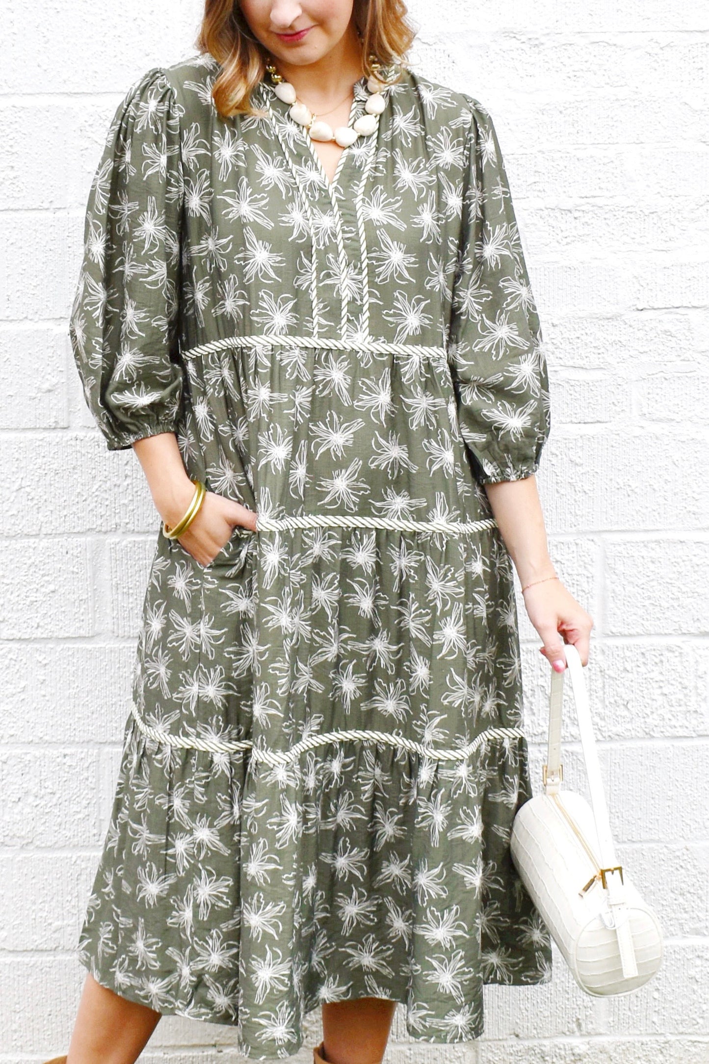 Olive Floral Striped Contrast Midi Dress