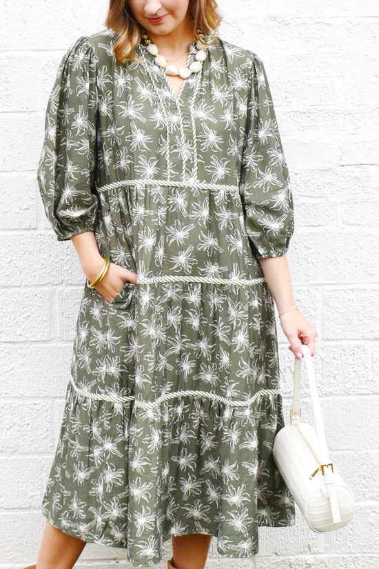 Olive Floral Striped Contrast Midi Dress
