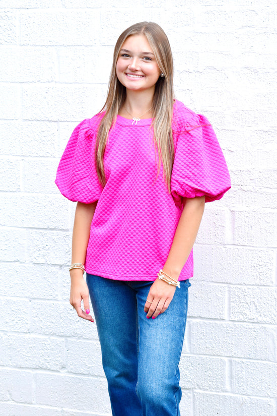 Hot Pink Textured Balloon Sleeve Top