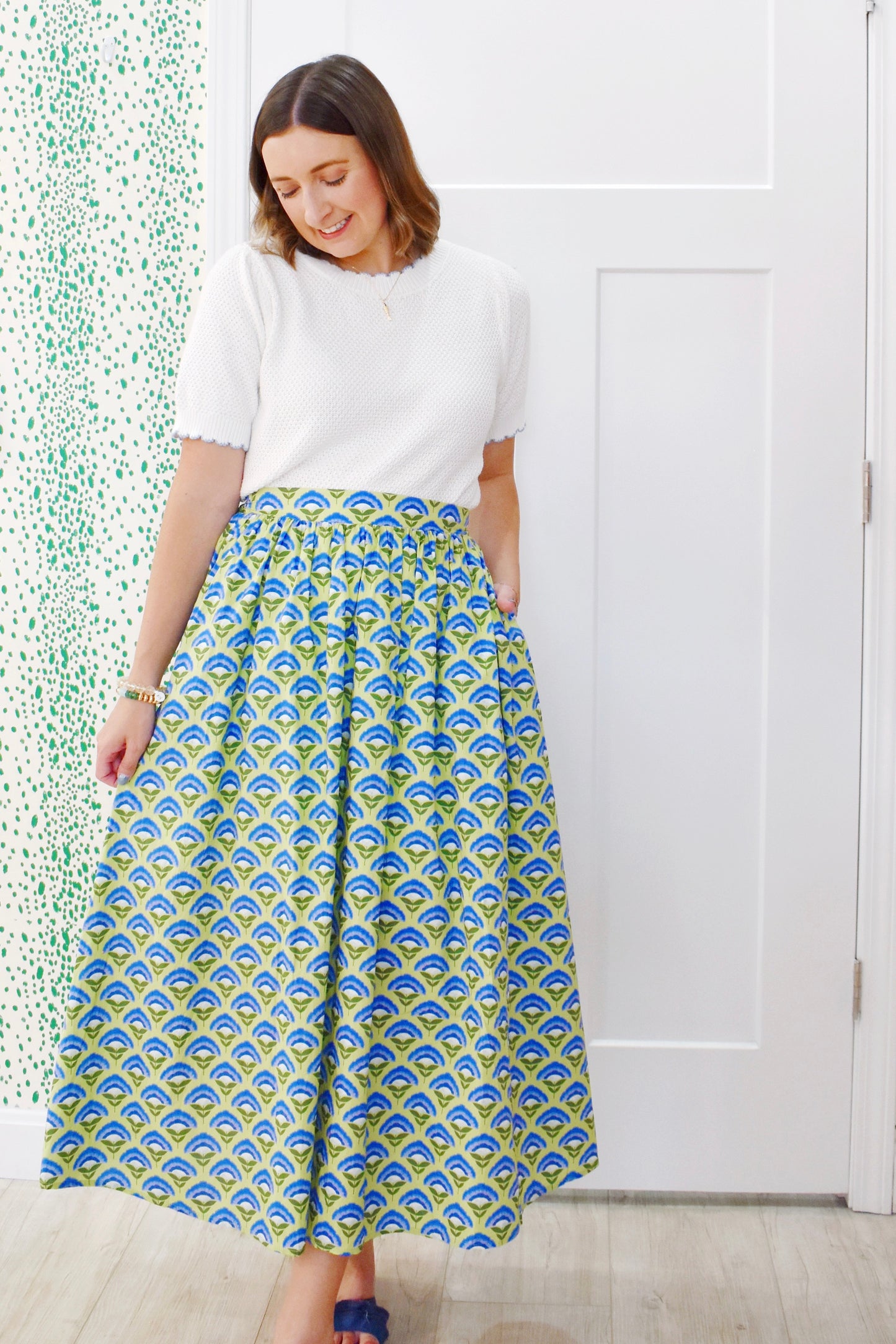 Blue Green Flower Stem Midi Skirt