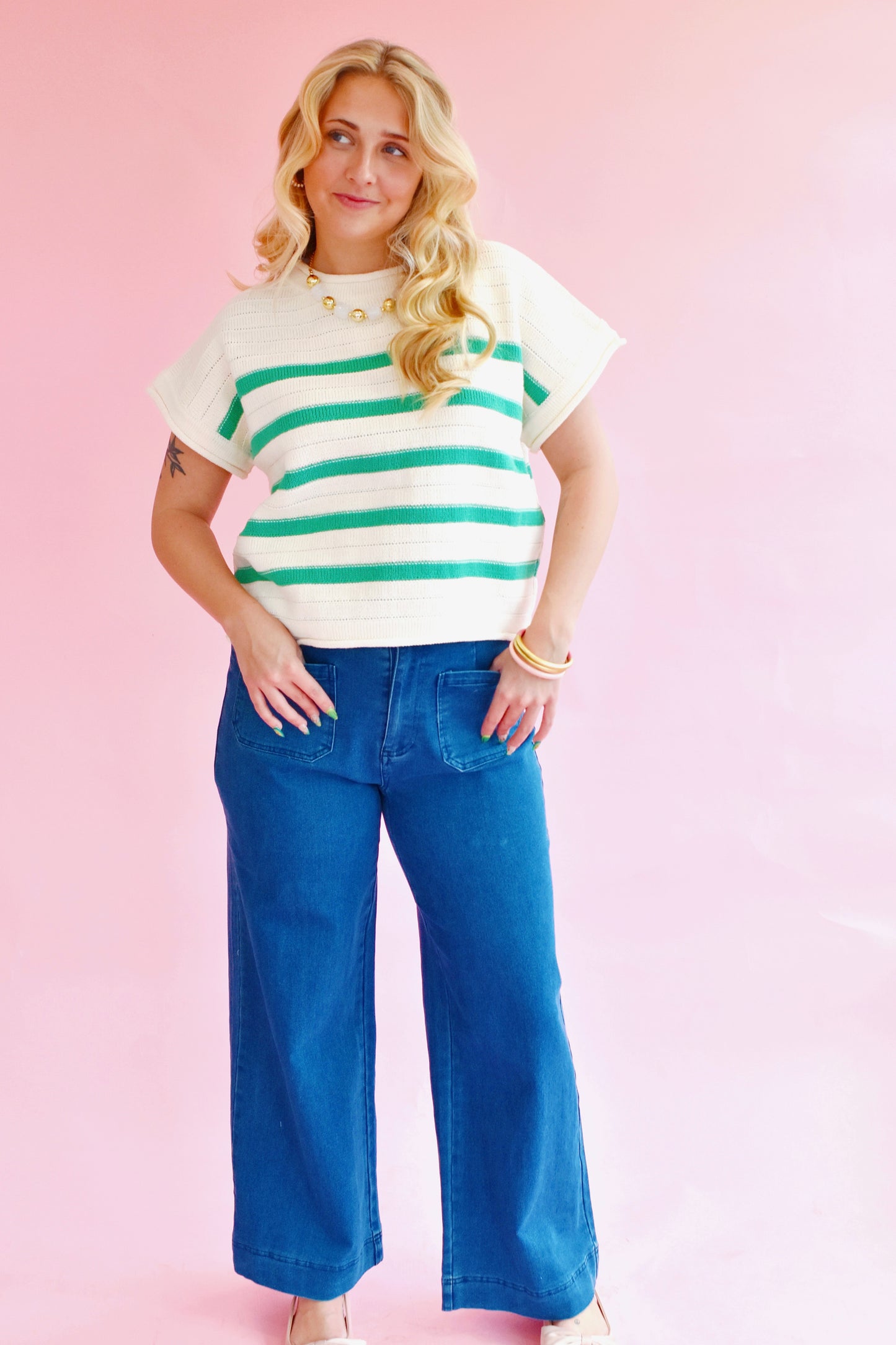 Kelly Green Striped Sweater Top