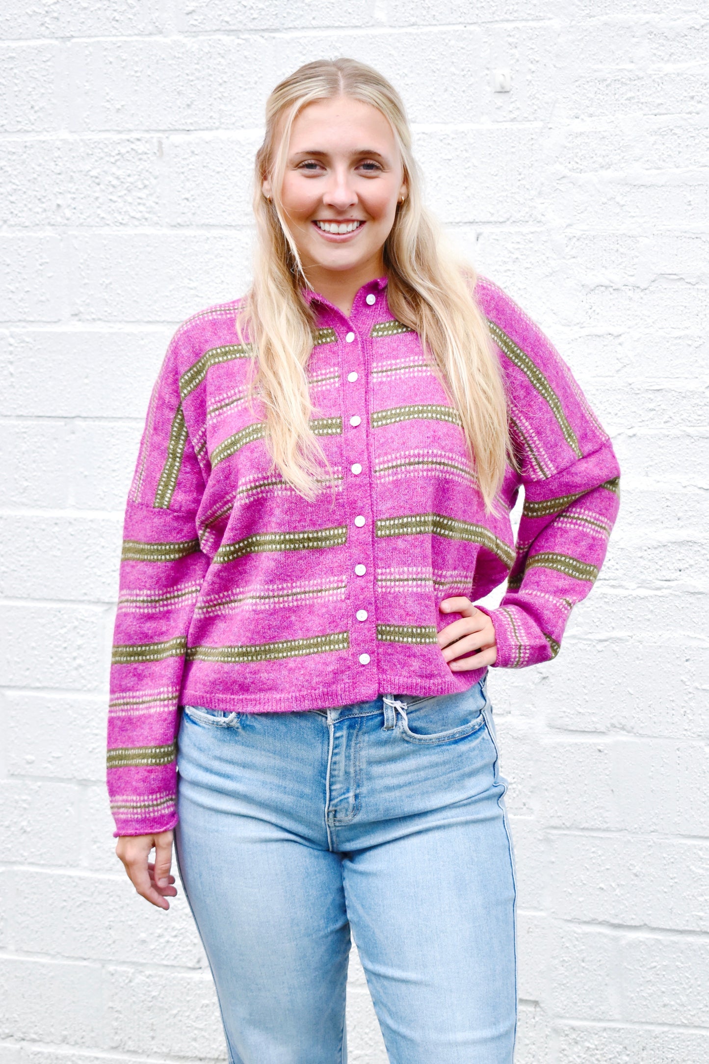 Magenta Olive Stripe Cardigan