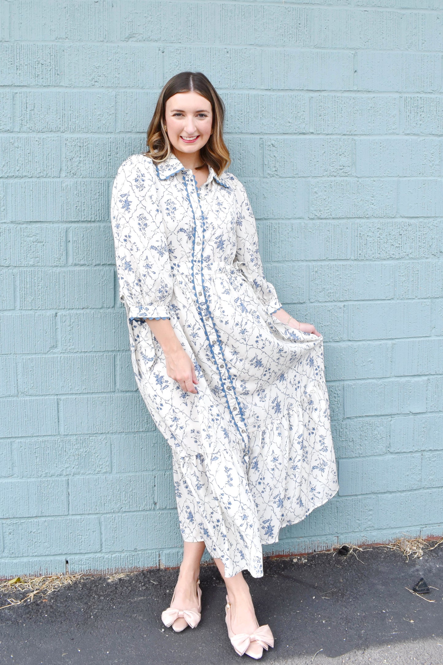 Ecru Blue Floral Button Down Midi Dress
