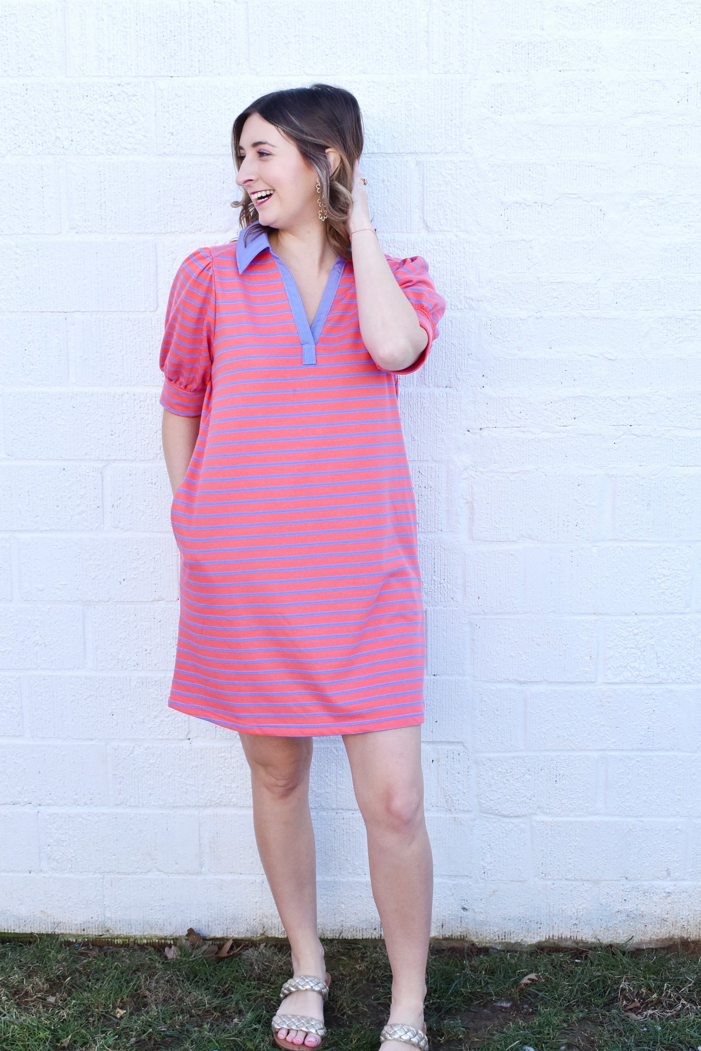 Grapefruit Striped Collared Dress