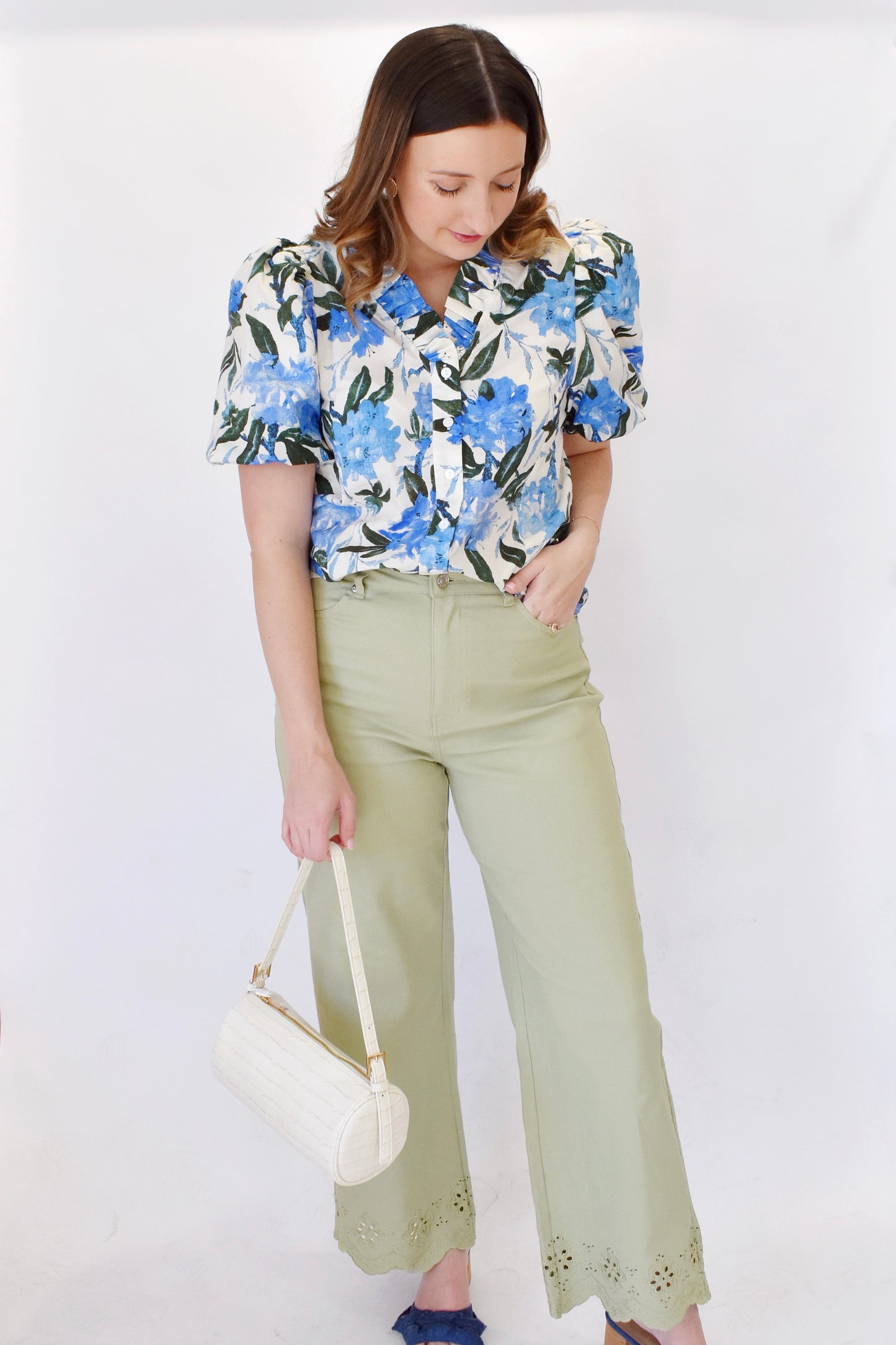 Matcha Eyelet Hem Wide Leg Pants