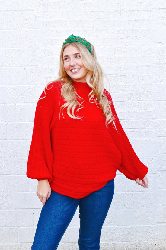 Red Cable Knit Mock Neck Sweater