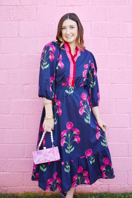 Navy Floral Ruffle Neckline Midi Dress