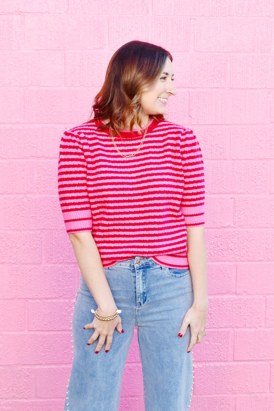 Pink & Red Striped Knit Sweater Top