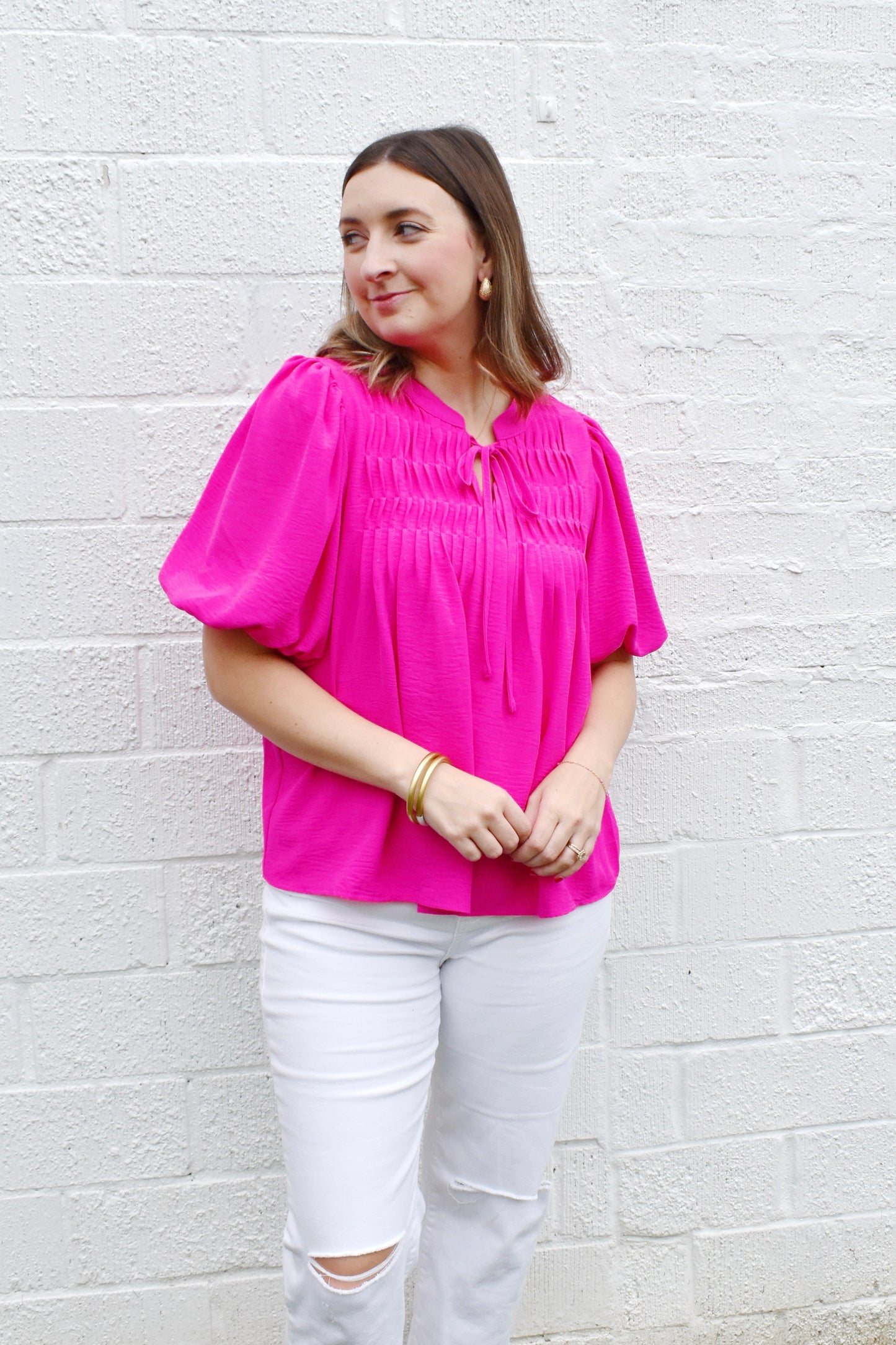Hot Pink Pintuck Detail Tie Neck Blouse