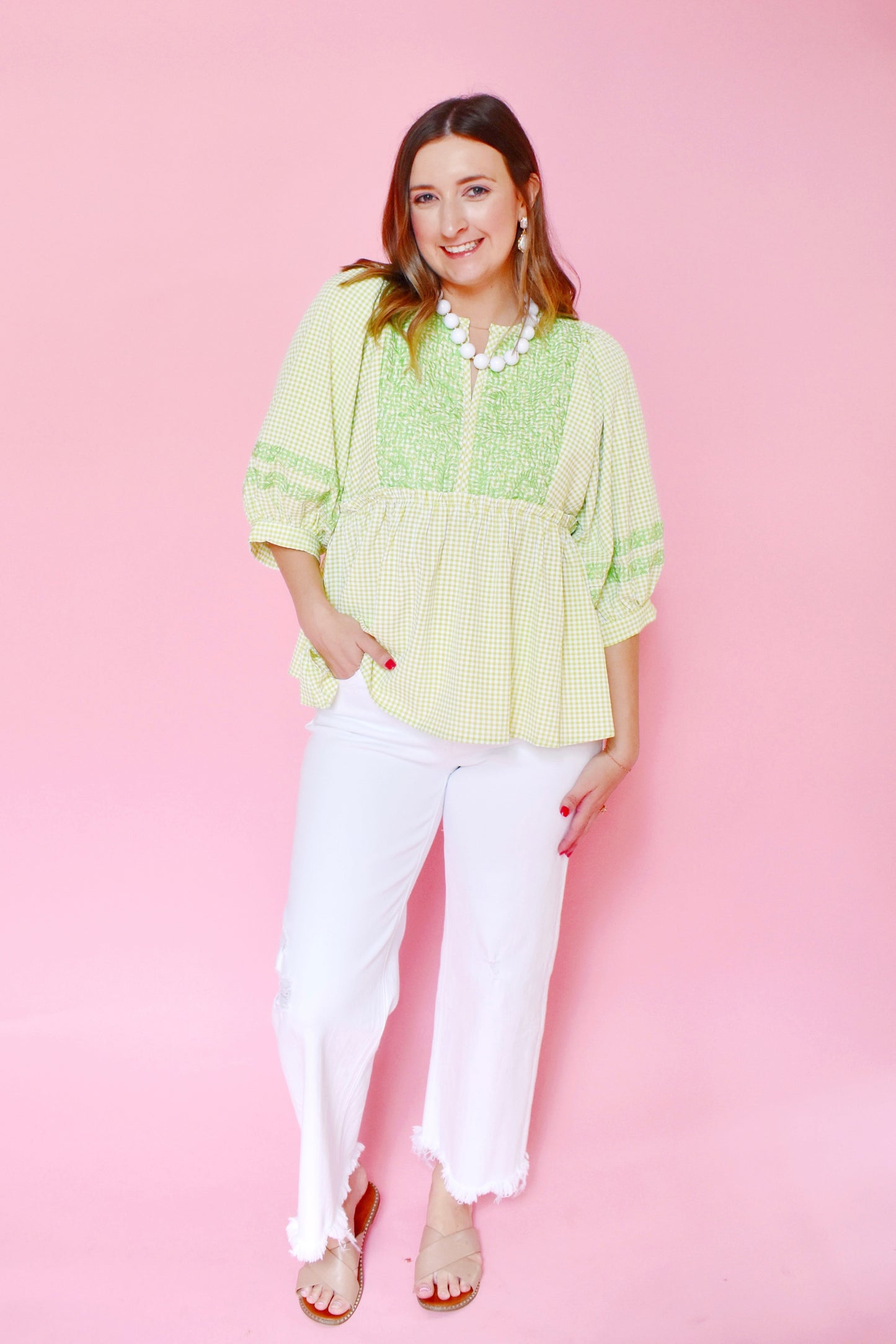 Lime Gingham Embroidered Babydoll Top