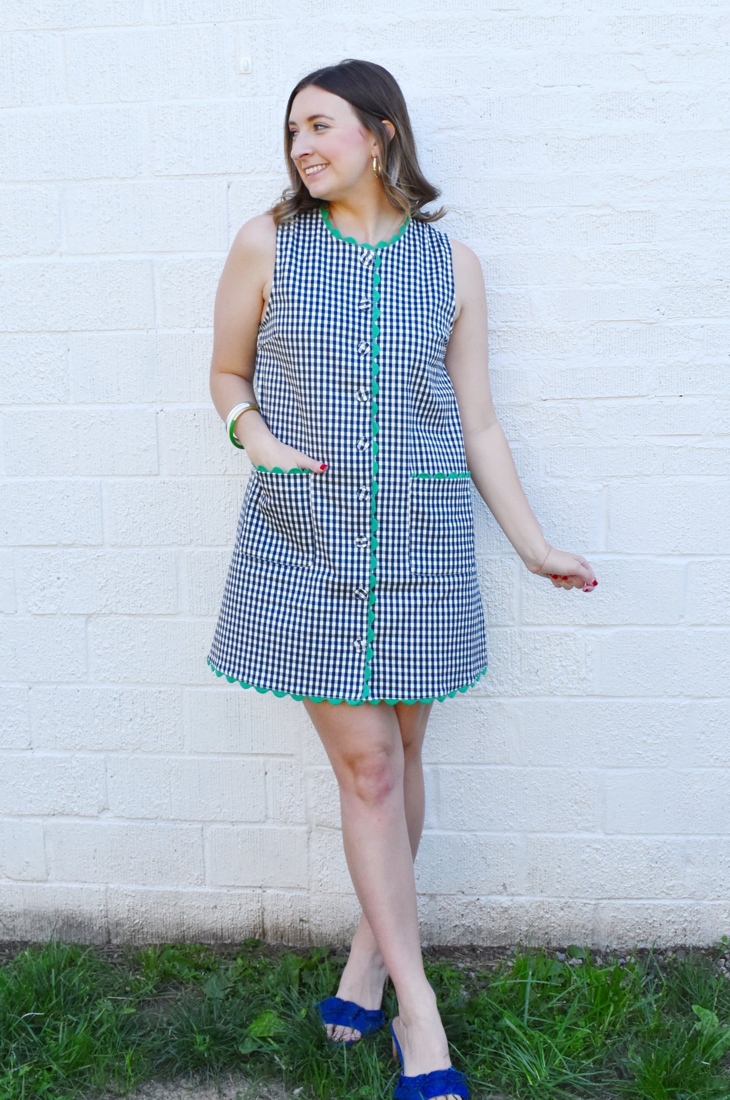 Navy Gingham Green Scallop Detail Shift Dress