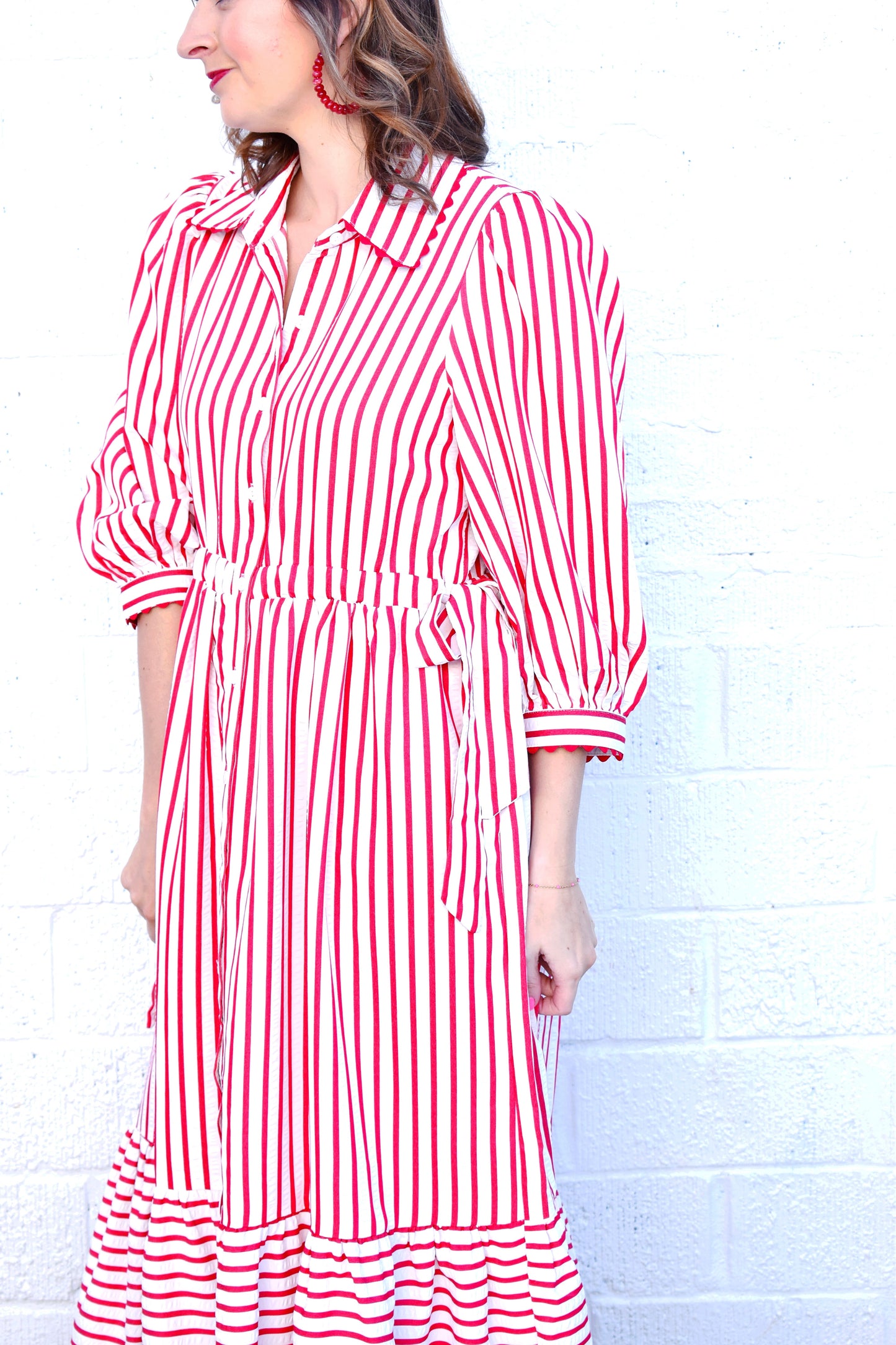 Red Striped Scallop Detail Midi Dress