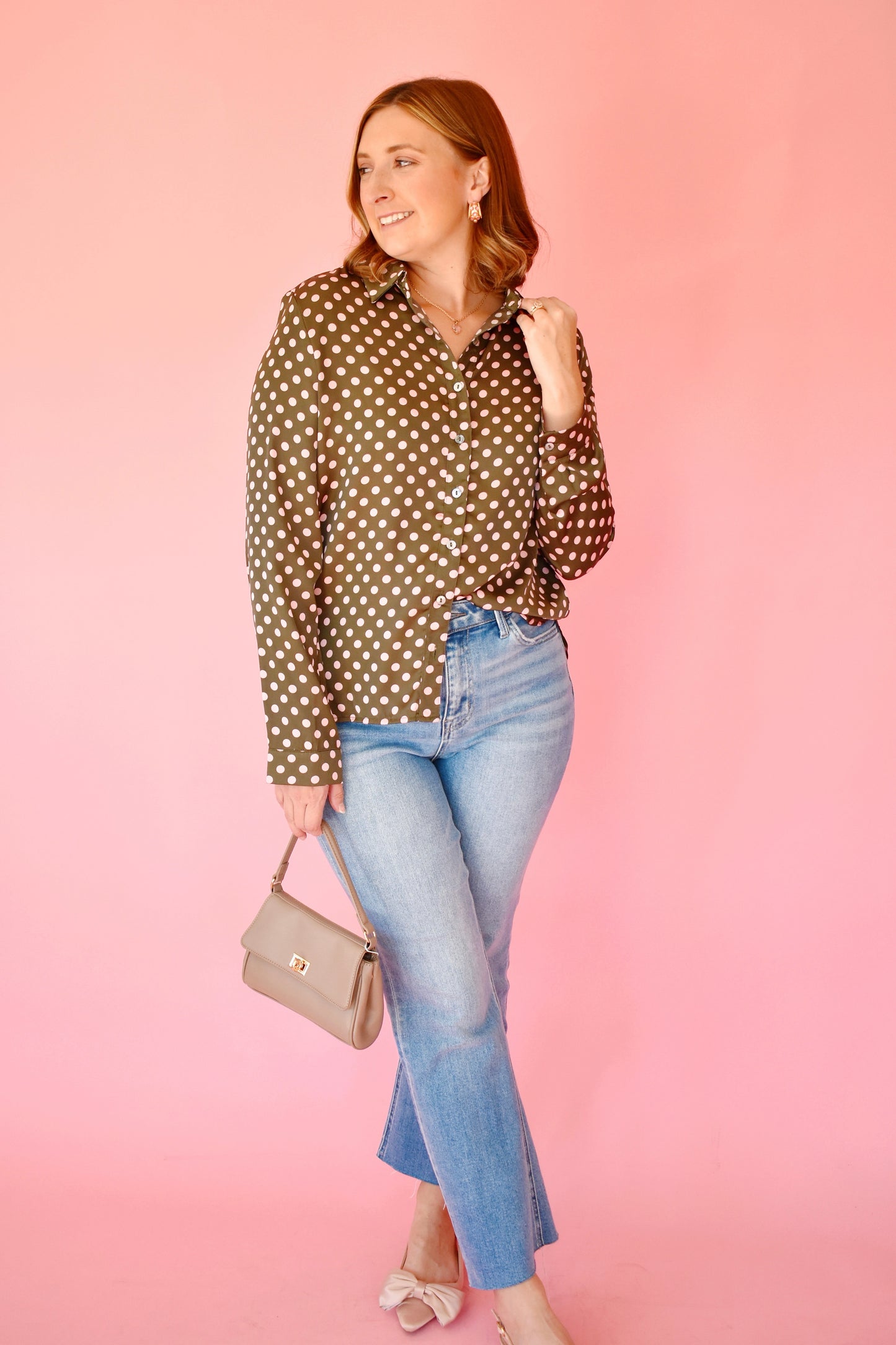Olive Pink Polka Dot Button Down Blouse
