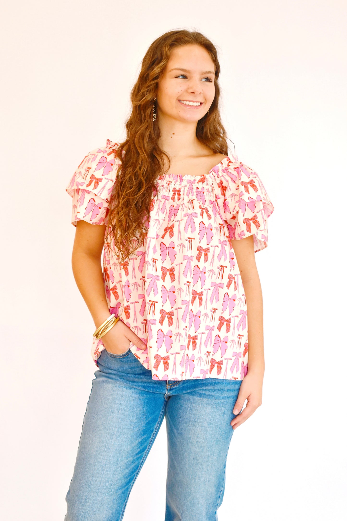 Pink Bow Printed Ruffle Blouse