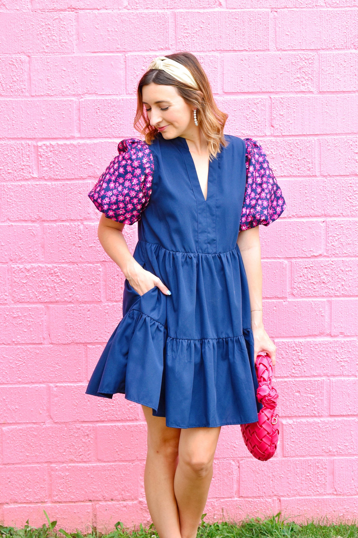 Navy Fuchsia Jacquard Sleeve Dress