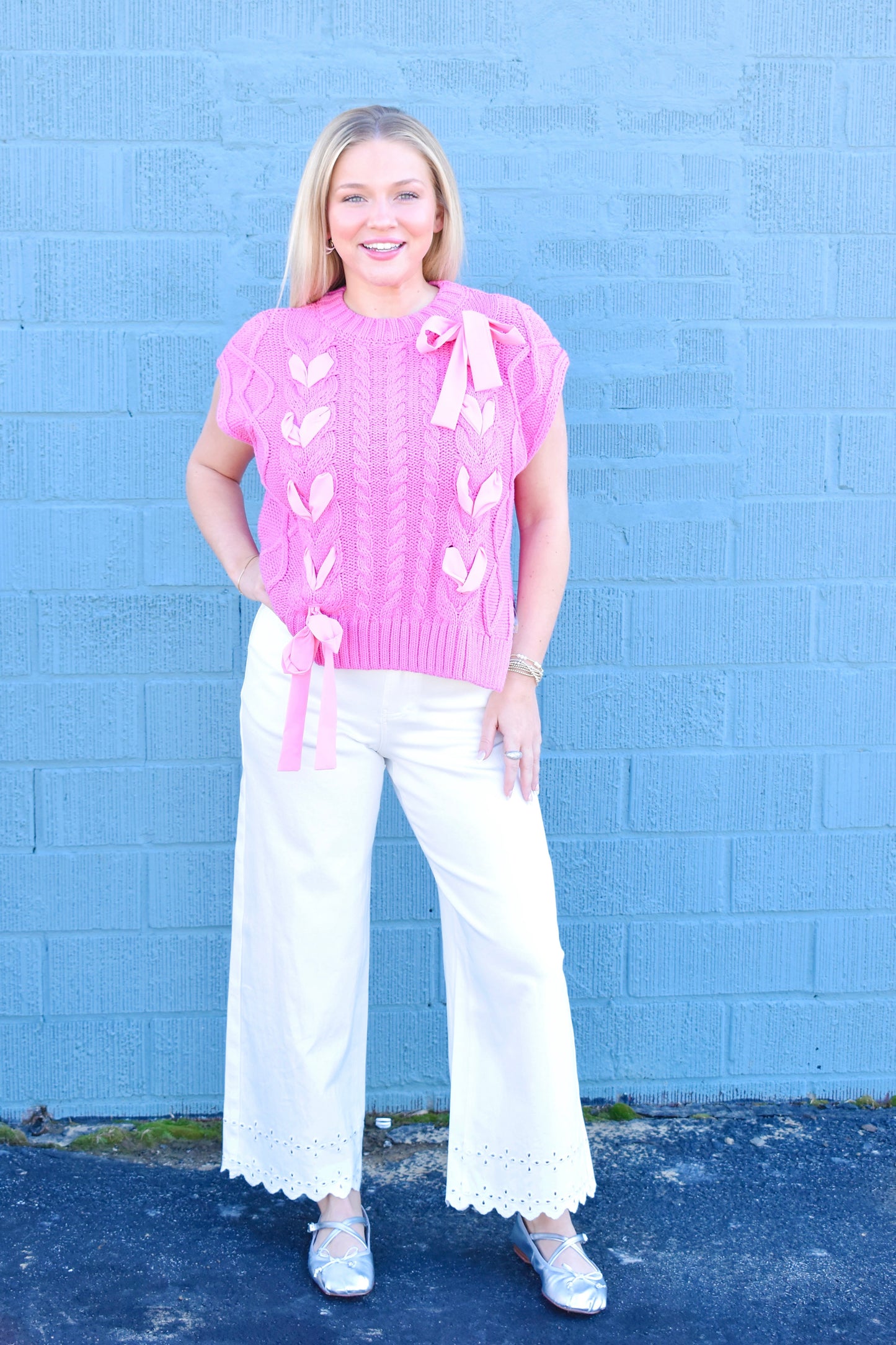 Pink Ribbon Lace Bow Sweater Top