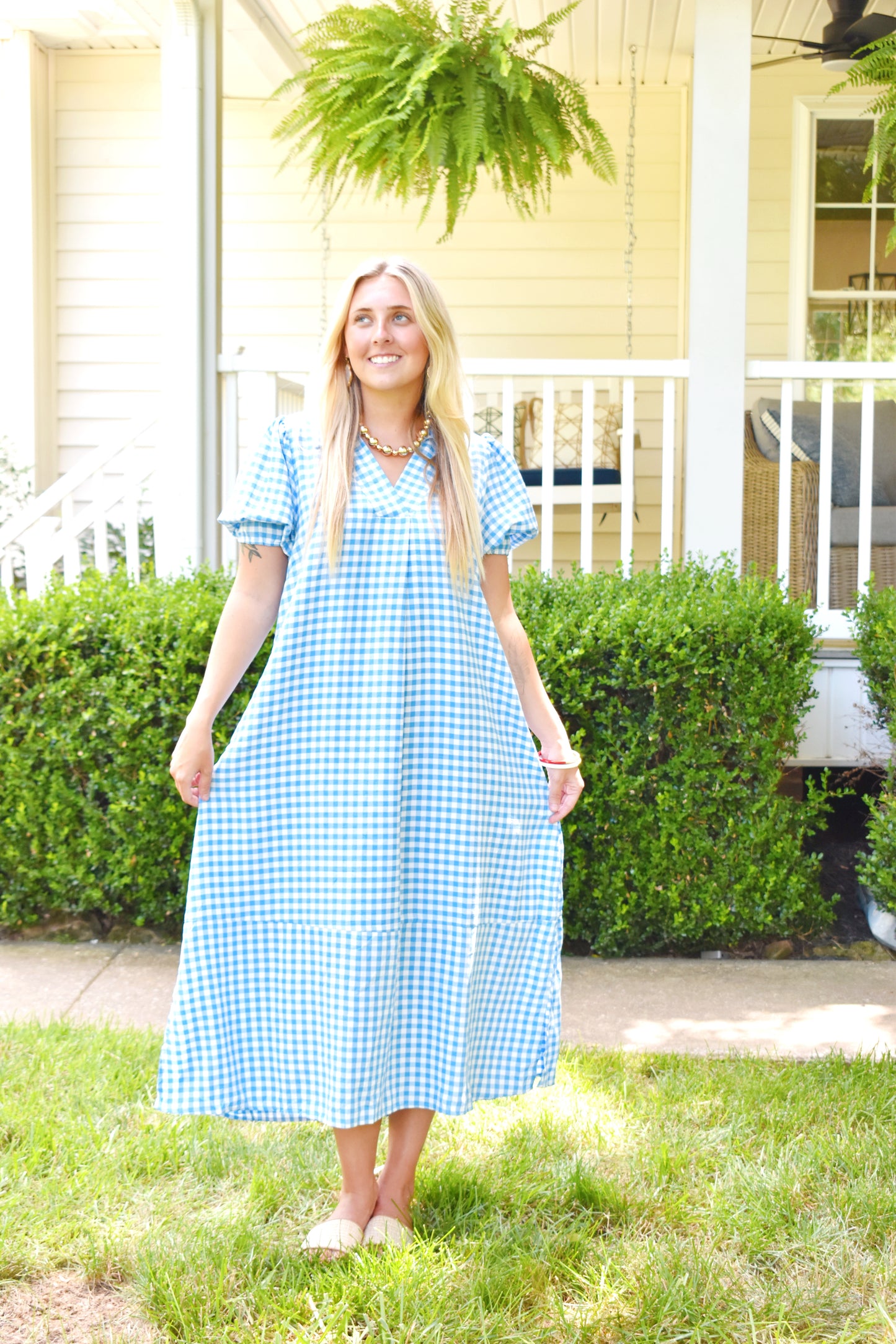 Blue Gingham Collared Midi Dress