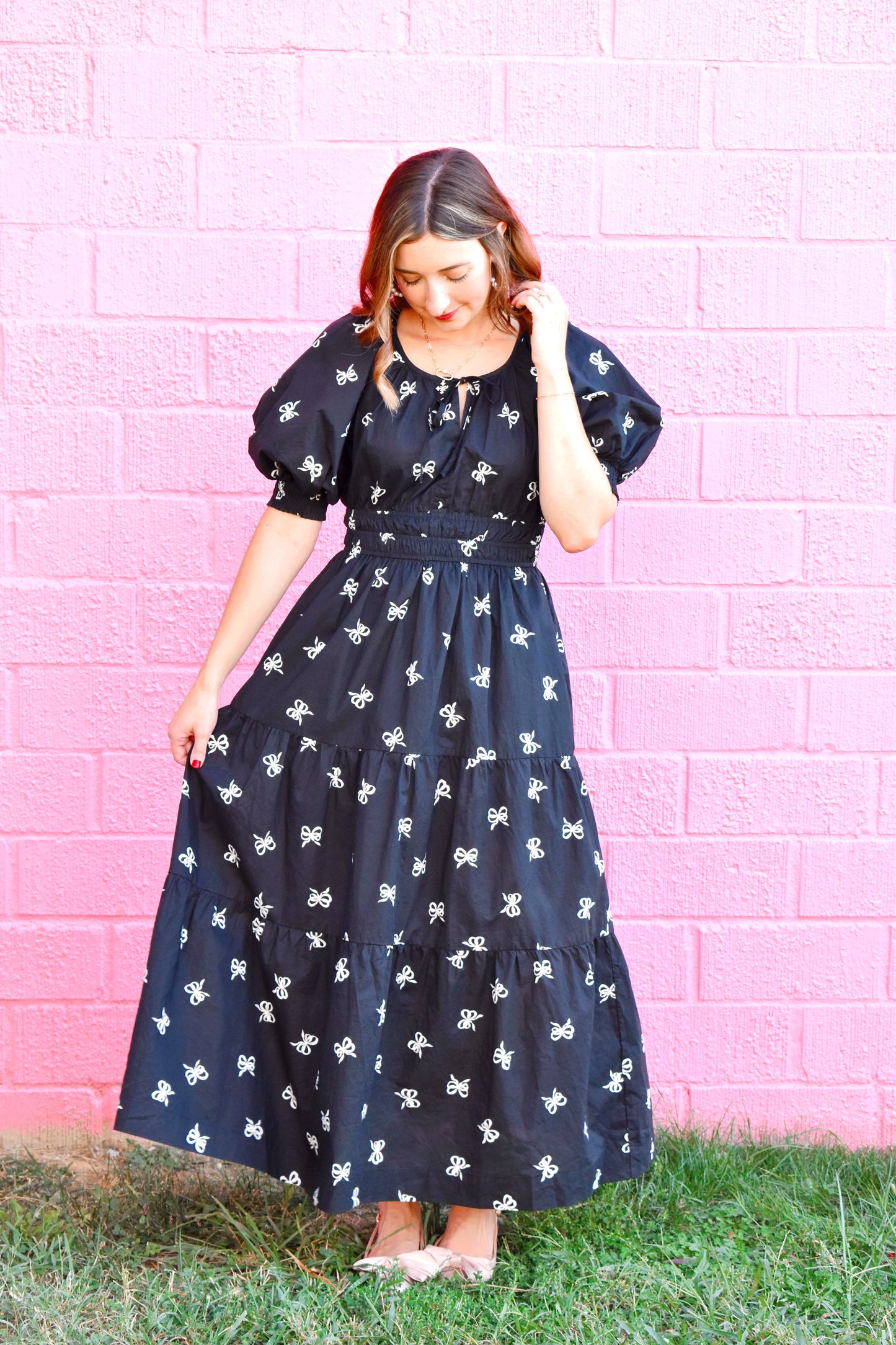 Black & White Bow Printed Maxi Dress