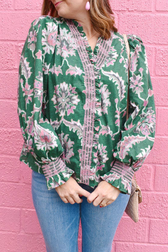 Pine & Pink Floral Ruffle Detail Blouse