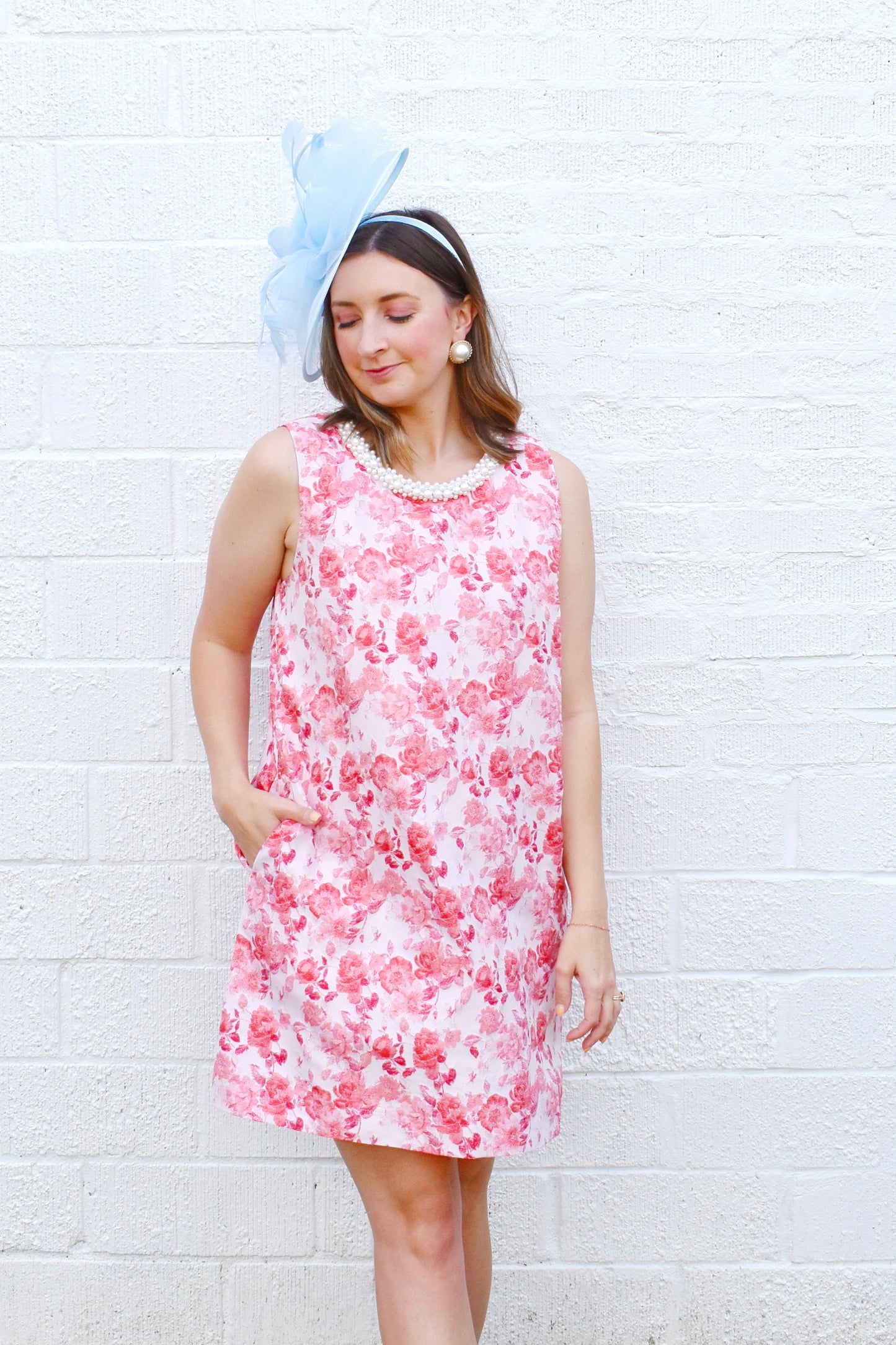 Red Floral Pearl Neckline Shift Dress