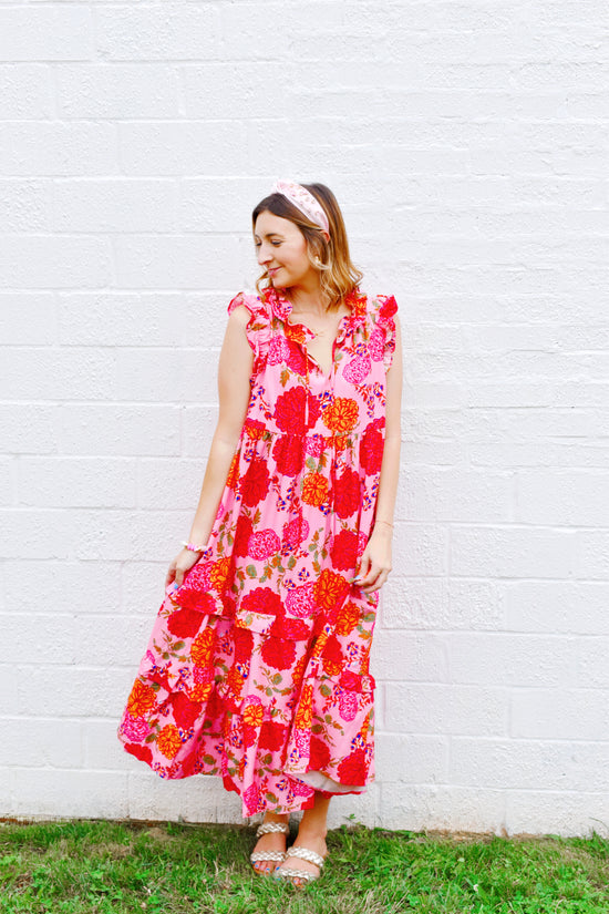 Pink & Orange Floral Midi Dress